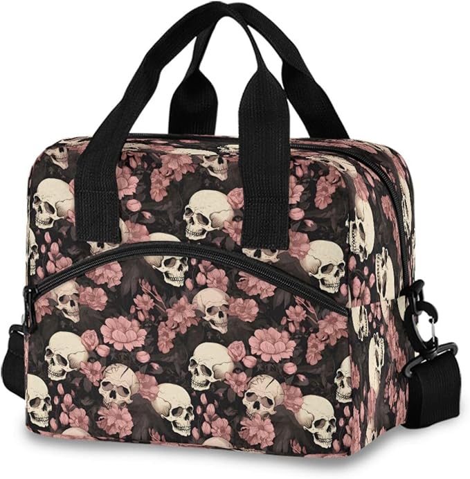 ALAZA Skeleton Skull Pink Flowers Lunch Box for Men Women Adults Insulated Lunch Bag Cooler Bag with Adjustable Shoulder Strap for Work Picnic Travel - sugar skull handbags for sale