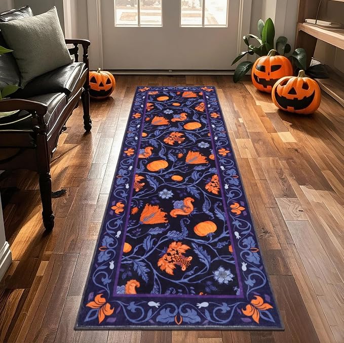 Fall Runner Rug for Hallway 2x6ft, Hello Pumpkin Non Slip Washable Kitchen Runner Rug, Halloween Decoration Thanksgiving Floor Mat Carpet for Entryway Bathroom Laundry Room (Purple)