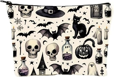 Horror Cosmetic Bag for Women Girls Horror Movie Lovers Skull Bat Poison Bottle Pattern Makeup Bags Halloween Cosmetic Bag Accessories Spooky Witchy Zipper Pouch - skull suitcase