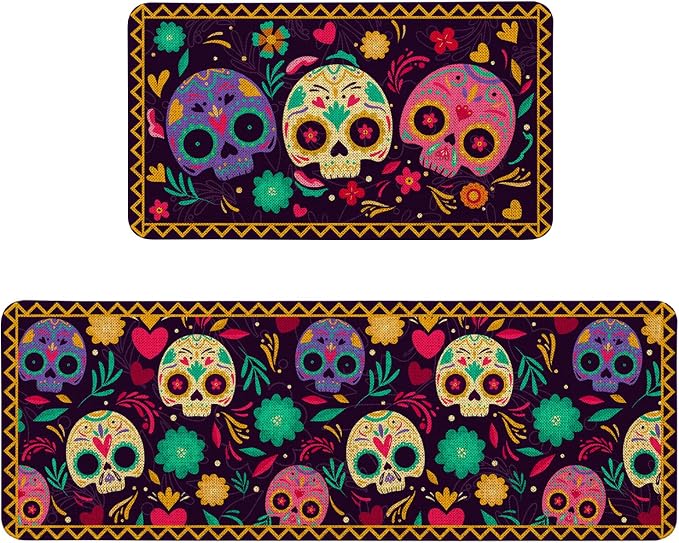 Mexican Skulls Kitchen Mat Set of 2, Halloween Kitchen Rugs Colorful Sugar Skull Calavera Day of The Dead Kitchen Rug Decor Home Decorations, Día de Los Muertos Floor Mat