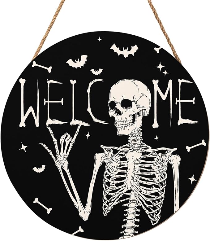 Halloween Skull Welcome Door Sign 12x12 Inch Halloween Wreaths for Front Door Spooky Skeleton Welcome Sign Rustic Wooden Holiday Decor for Front Porch Window Wall Farmhouse Indoor Outdoor - skull wreath
