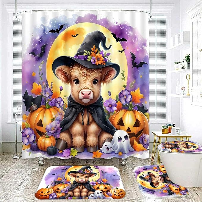 Halloween 4 Pcs Bathroom Shower Curtain Sets Decorations with Rugs - skull toilet mat