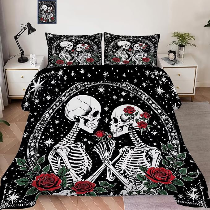 Red Rose Skull Bedding Set for Teens Adults Women Queen Size, 1 Comforter 2 Pillowcases, Black Goth Comforter Set Skeleton Quilt Halloween Room Decor - skull bedding
