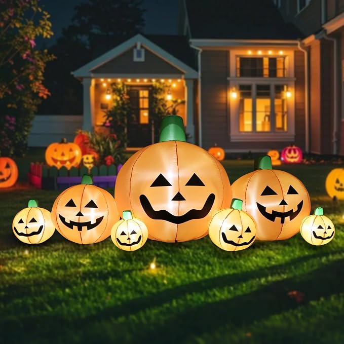 8.7 FT Long Halloween Inflatable Pumpkins, 7 Cute Patch with Built-in LEDs, Outdoor Yard Decoration for Garden, Lawn, Indoor, Party, and Backyard - skull inflatable