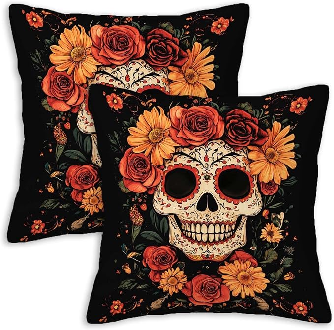 Sugar Skull Throw Pillow Covers 18×18 Set of 2 | Mexican Floral Decorative Cushion Covers | Day of the Dead Pillow Cases for Couch Sofa Bed, Halloween Fall Home Decor