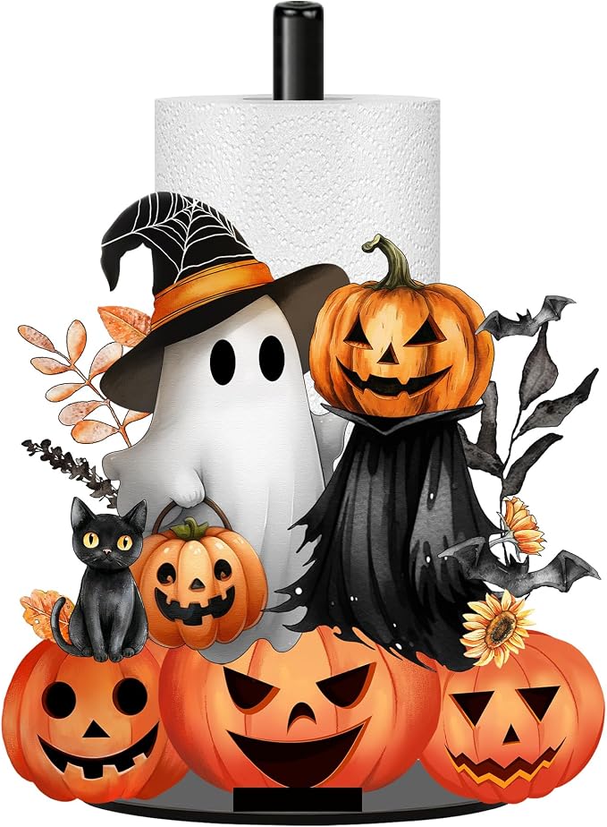 Halloween Decor Paper Towel Holder, Black Ghost Towels Paper Holder for Kitchen Countertop, Fall Party Decoration Paper Stand Dispenser Holders Pumpkins Steady Roll Holder for Fall Holiday - skull toilet paper