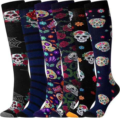 6 Pairs Sugar Skull Knee High Socks, Colorful Calaveras - sugar skull costume