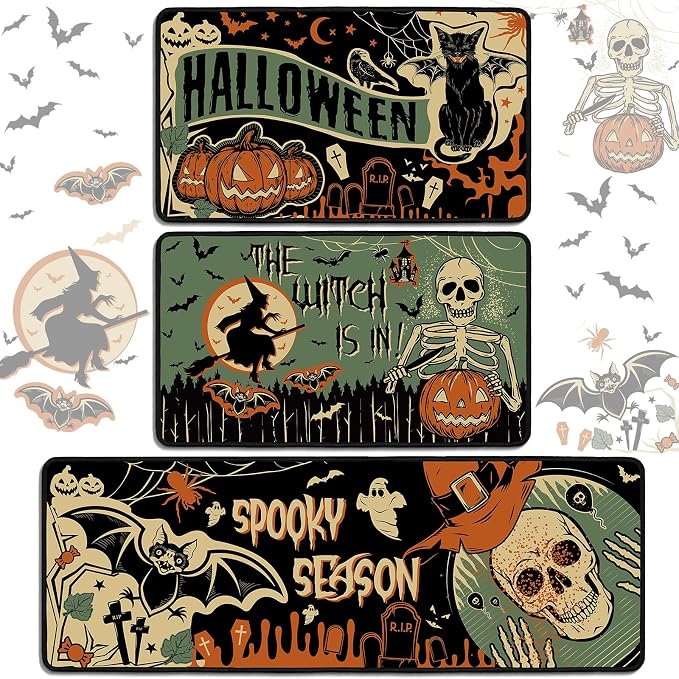 Drydiet 3 Pcs Halloween Kitchen Rugs and Mats Set Vintage Halloween Spooky Pumpkin Non Slip Rug Retro Skeleton Witch Bat Waterproof Floor Mat for Kitchen Home Bar Office Bathroom Door Party Decor - skull floor mat