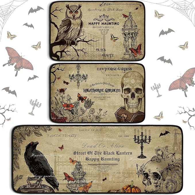 Drydiet Halloween Gothic Kitchen Rugs and Mats Set of 3 Kitchen Decor - skull floor mat