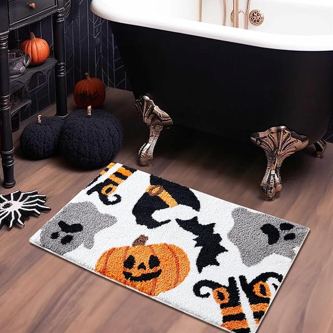 Spooky Witchy Halloween Bath Mat 16''W x 24''L Microfiber Creepy Pumpkin Bats Ghost Witch’s Hat and Shoes Halloween Bathroom Mat Decor Non Slip Washable, Fun Gothic Shaggy Bath Rug Absorbent - skull toilet mat