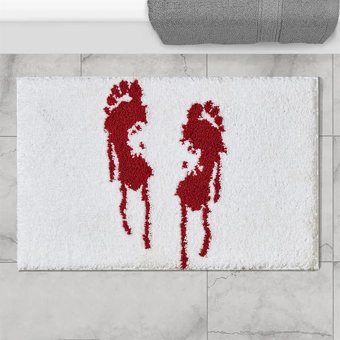 Blood Footprint Halloween Bath Mat Non Slip 16’’W x 24’’L Washable Horror Scary Bloody Microfiber Bathroom Mat Rubber Backed, Soft Shaggy Creepy Halloween Bath Rug Water Absorbent - skull carpet