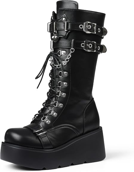 Women's Black Platform Boots Wedge Combat Gothic Chunky Heel Lace Up Mid Calf Punk Motorcycle Shoes - sugar skull costume