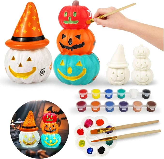 DoodleDoo 2Pcs Small Paint Your Own Pumpkin Lamp Kit, DIY Halloween Jack-o-Lanterns Night Lights, Arts & Crafts Painting Kit for Kids Ages 4-8 8-12, Art Supplies Creative Birthday Gifts for Boys Girls