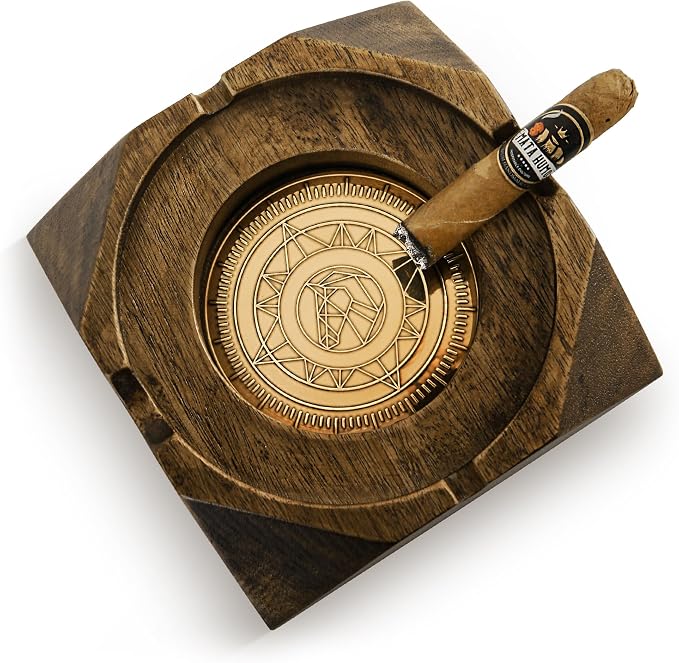 Wooden Cigar Ashtray Accessories for Cigarettes - Indoor Outdoor Patio Home Office Use - Quadrangular Wooden Brown Ash Tray Gift Set for Men Great Decor for Home Office or Bar - skull ashtray