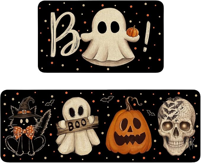 Halloween Kitchen Mat Decor Non Slip Washable Black Halloween Kitchen Rugs Set of 2 Indoor Spooky Floor Mat Kitchen Decorations - skull floor mat