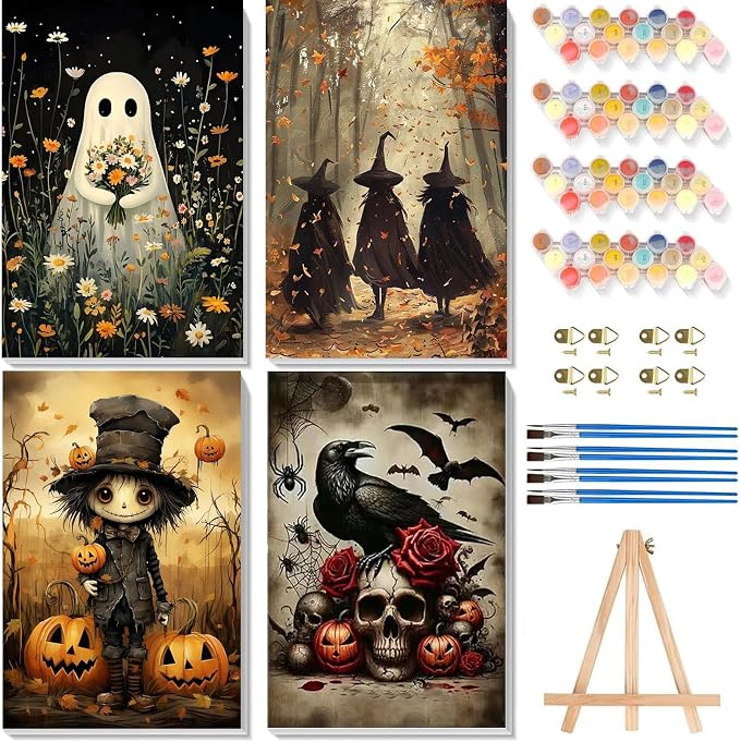 4 Pack Paint by Numbers Kit for Adults, Halloween Canvas 8x12in with Frame