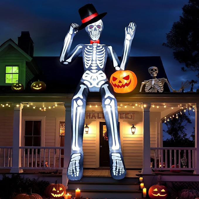 12FT Sitting Giant Skeleton Inflatable, Scary Halloween Inflatables Outdoor