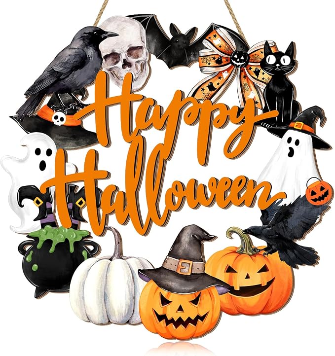 Happy Halloween Wood Wreath Ghost Black Cat Pumpkin Skull Door Hanging Sign Decorations, Rustic Spooky Halloween Wooden Signs for Front Door Hanger Home Decor Party Supplies Watercolor - skull wreath