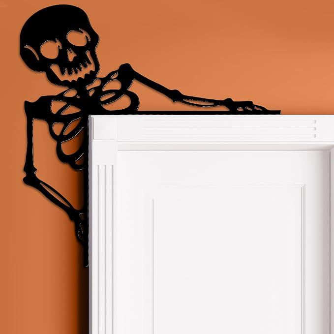 Yaocom 11.8" x 11.8" Metal Halloween Door Topper, Black Skeleton Sign - skull wall art