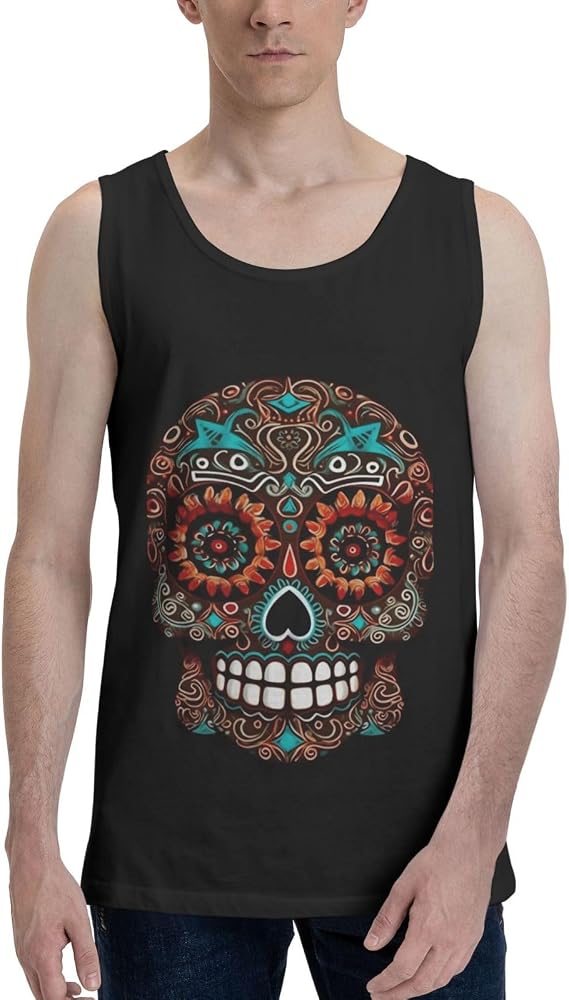 Sugar Skulls Day of The Dead Men's Tank Tops Moisture-Wicking Cotton Sleeveless Shirts Casual Gym Workout Tank Shirt - skull tank tops