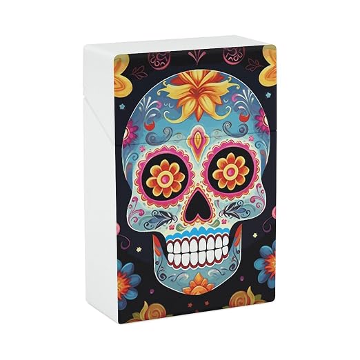 Sugar Skulls Cigarette Case Box King Size 85mm 20 Capacity Lightweight & Waterproof Cigarettes Case for Men Women Push to Open Funny Purse Cigarettes Holder, Cigarette Accessories