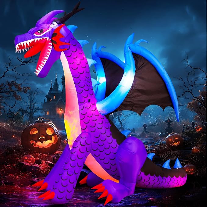 8FT Halloween Inflatables Dragon Decorations with Built-in LED Lights, Blow Up Yard Decor for Halloween Outdoor Lawn Garden Holiday Party - skull inflatable