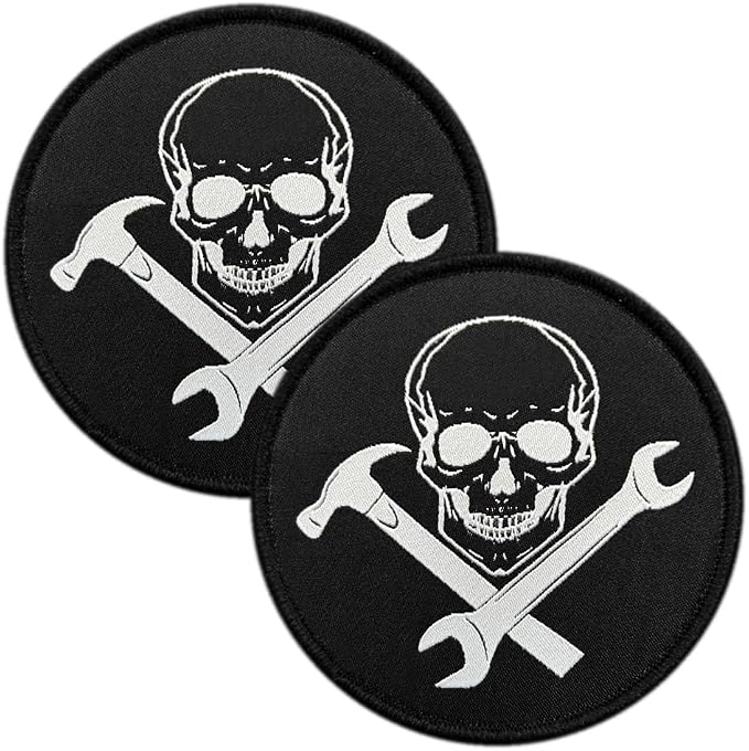 2 Pcs Skull Wrench Set Tool Hammer and Wrench Patch, Mechanic Repairman Humourous Patch,Embroidered Hook and Loop Emblem Badge for Backpack Vest Uniform Coats Jackets - skull sticker