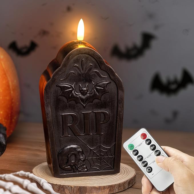 Halloween Tombstone Flameless Candle with 3D Flickering Flame, Real Wax Battery Operated LED Candle with Timer for Spooky Halloween Decoration (1 Pack, 3.7" x 2.2" x 7.7") - skull candle
