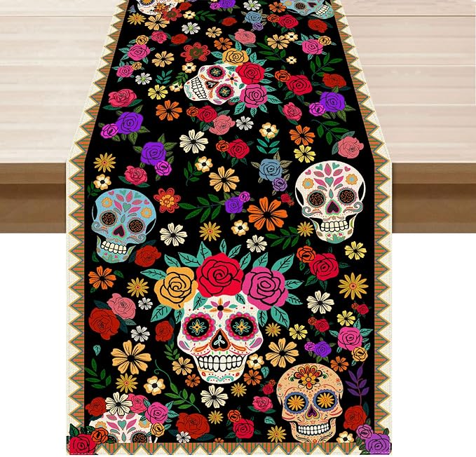 XCHI Day of The Dead Flowers Table Runner for Table Decor 13x72 Inch - skull toilet mat