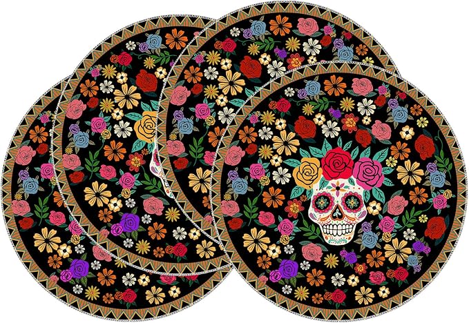 XCHI Day of The Dead Flowers Round Placemats Set of 4 Table Decor 14x14Inch - skull floor mat