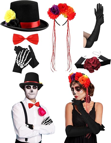 6 Pcs Day of the Dead Couple Accessories, Flower Crown Hat - skull headband