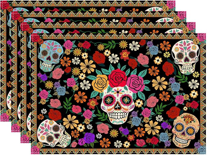 XCHI Day of The Dead Flowers Placemats Set of 4 Table Decor 12x18 Inch - skull carpet