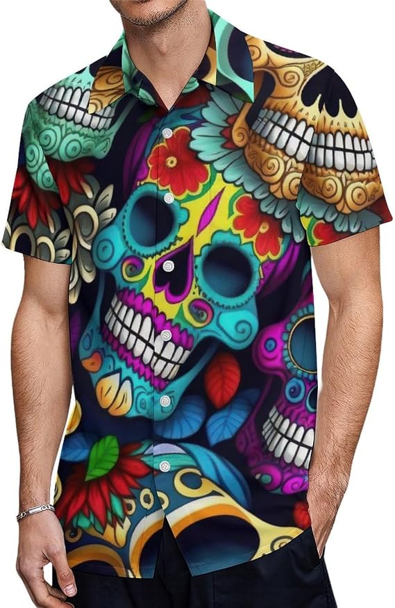Horror Blood Splatter Men's Casual Button Down Short Sleeve Shirts, Quick Dry Party Shirts - skull tshirt