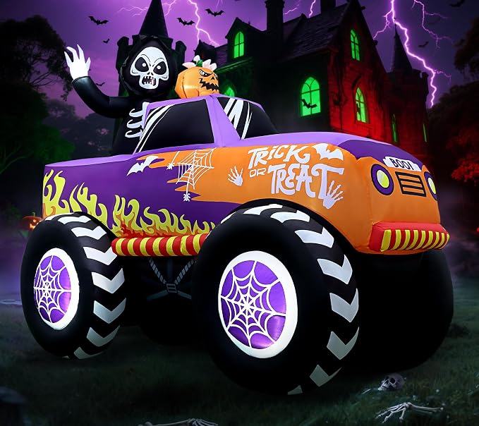 8FT Halloween Inflatables Outdoor Monster Skeleton Truck Built-in 10 LEDs - skull inflatable