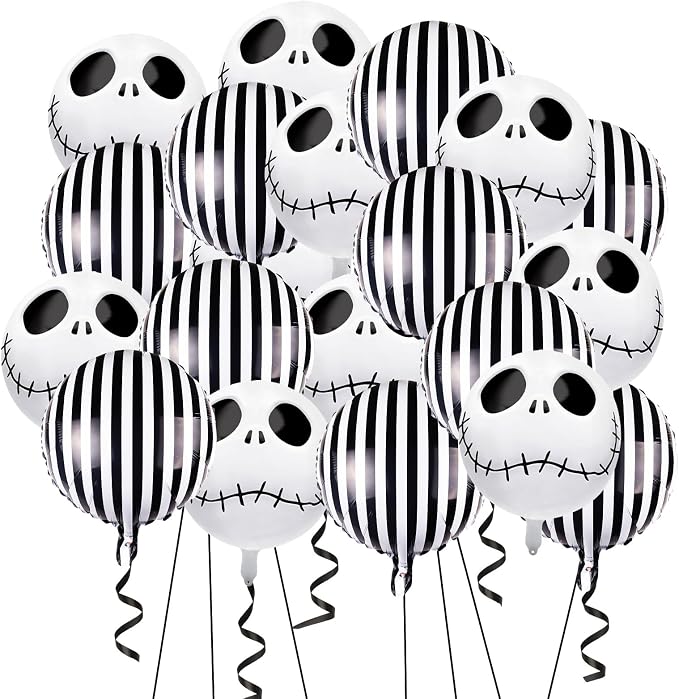 Halloween Party Balloons Set, 20 Pack Skull and Black White Striped Foil Balloons for Birthday, Baby Shower, Masquerade Decorations - skull inflatable