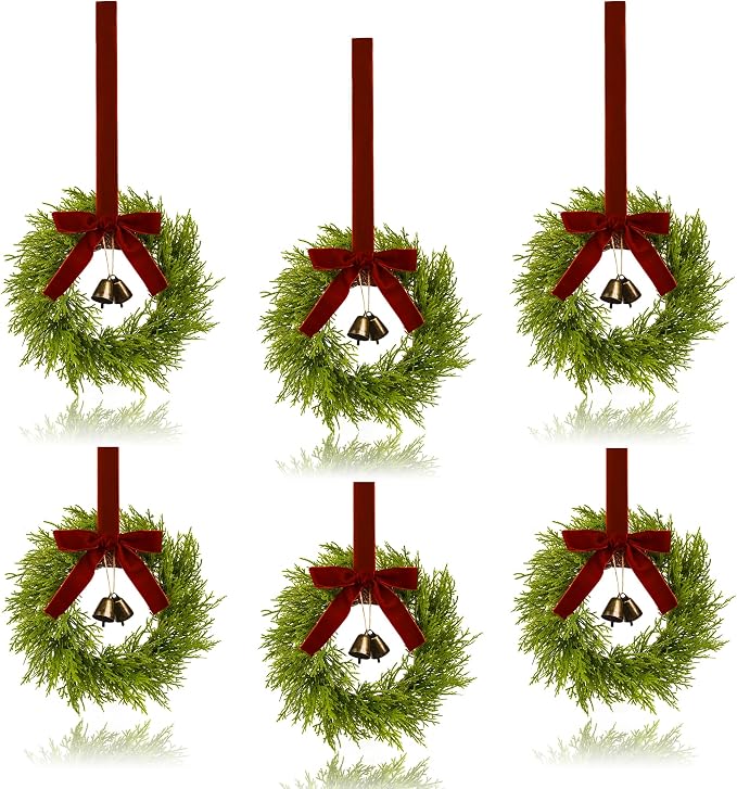 6Pcs Mini Christmas Cedar Wreath, 12 Inch Small Wreaths for Kitchen Cabinets, with Deep Red Bow Vintage Bells Pine and Cypress Leaves for Fireplace Window Farmhouse Indoor Home Decorations