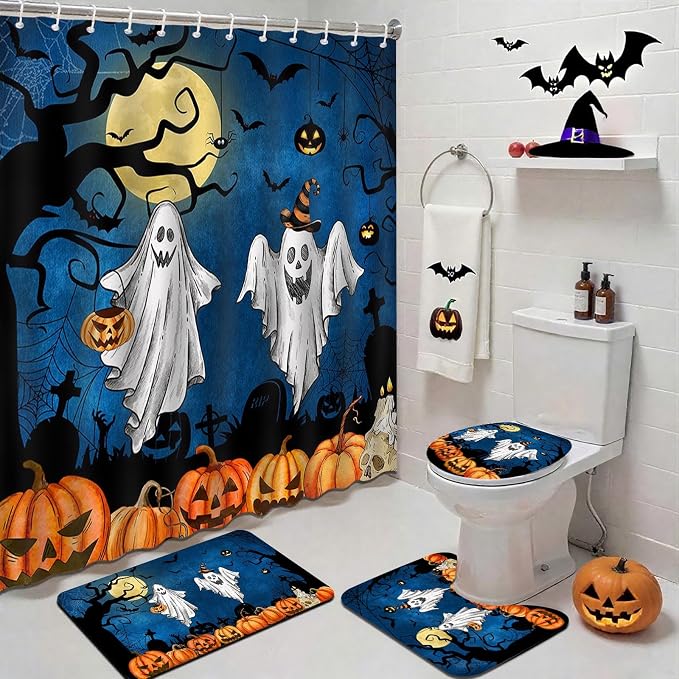 Mocsicka Halloween Shower Curtain Set for Bathroom, 4Pcs Spooky Ghost Scary Graveyard Bathroom Sets with Non Slip Rugs, Toilet Lid Cover, Bath Mat, Shower Curtain, Bathroom Decor with 12 Hooks - skull toilet mat