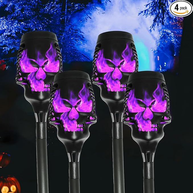 Halloween Solar Skull Stake Lights, Pathway Decor, 4 Pc, Purple