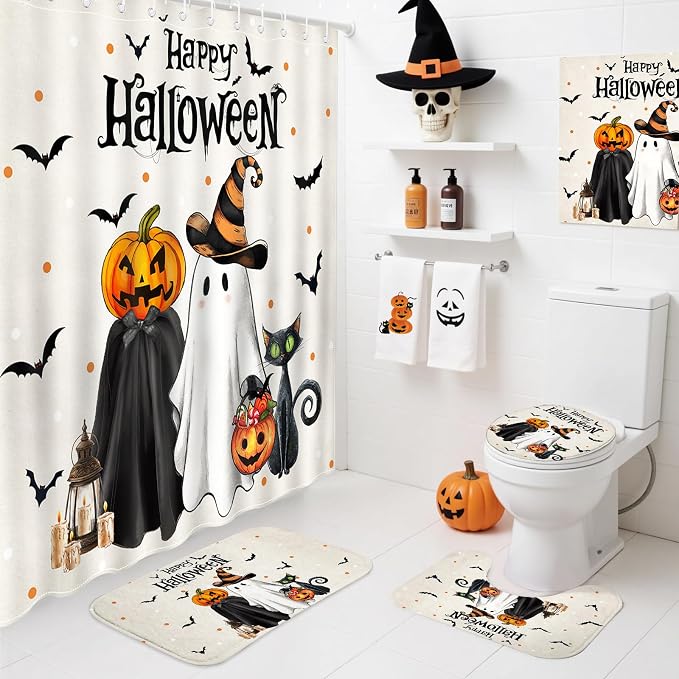 Mocsicka Halloween Shower Curtain Set for Bathroom, 4Pcs Ghost Cat Pumpkin Bathroom Sets with Non Slip Rugs, Toilet Lid Cover, Bath Mat, Shower Curtain, Bathroom Decor with 12 Hooks - skull toilet mat