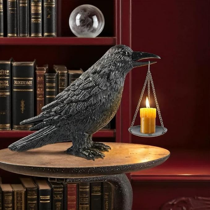 Gothic Home Decor - Raven Decor Tealight Candle Holde,Gothic Statue Halloween Decorations,Indoor Fake Black Crow Light Holder Decor for Unique Goth Gifts Living Room Fireplace Holiday Ornaments - skull candle