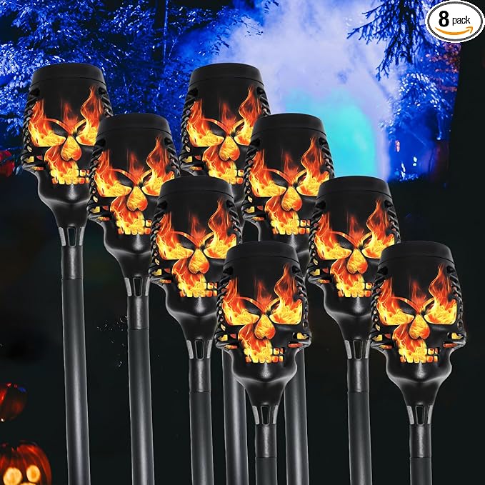 Halloween Solar Skull Stake Lights, Pathway Decor, 8 Pc, Orange