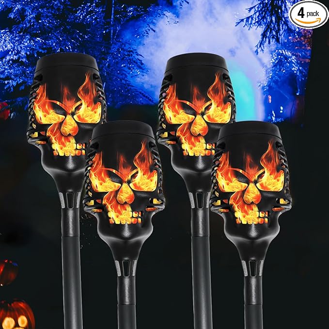 Halloween Solar Skull Stake Lights, Pathway Decor, 4 Pc, Orange