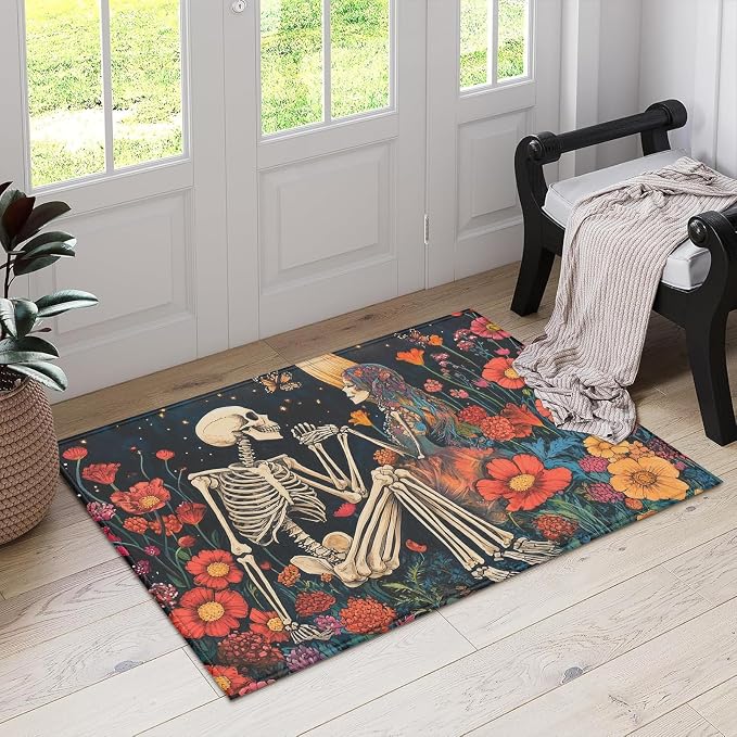 Skull Colorful Flower Indoor Door Mat, Outdoor Entrance Doormat for Entryway Kitchen Bathroom 17 X 29 Inch - skull carpet