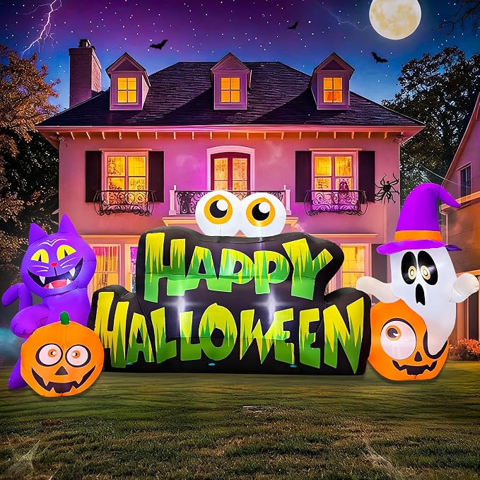 BLOWOUT FUN 10FT Halloween Inflatable Ghost Pumpkin Eyeballs Cat Banner