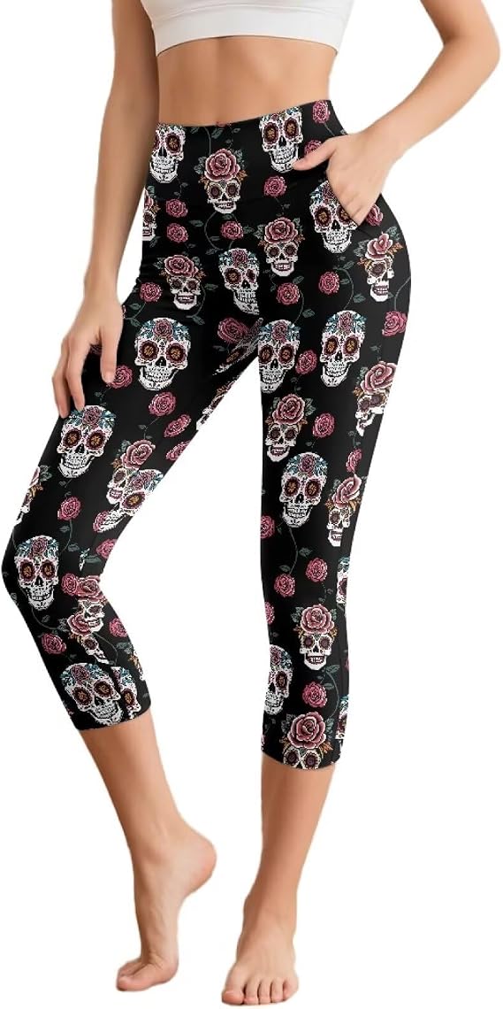 Womens Capri Leggings with Pockets High Waisted Workout Running Athletic Leggings Soft Yoga Capris Summer Pants - skull leggings