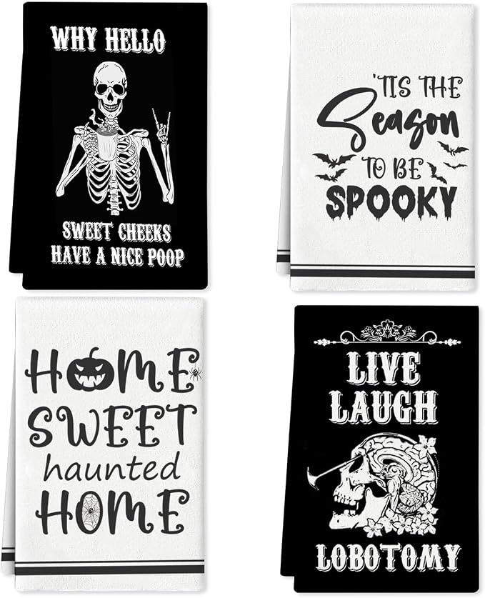 4 Pcs Halloween Kitchen Towels Gothic Funny Hand Towels for Bathroom - skull toilet paper