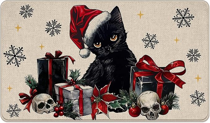 Christmas Black Cat Welcome Front Door Mat, Spooky Xmas Gift Skull - skull floor mat