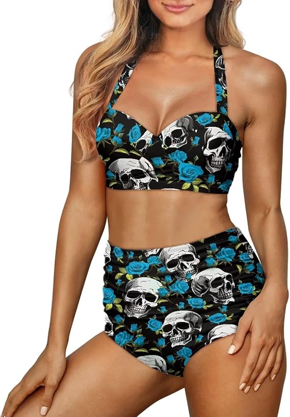 Women Two Piece Swimsuit High Waisted Push Up Bikini Sets Tummy Control Bathing Suit Plus Size Halter Swimwear S-2XL - skull swimsuit