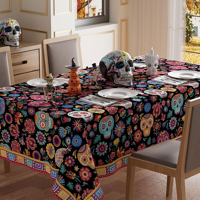 XCHI Day of The Dead Sugar Skull Rectangle Tablecloth Decorations 60×84 in