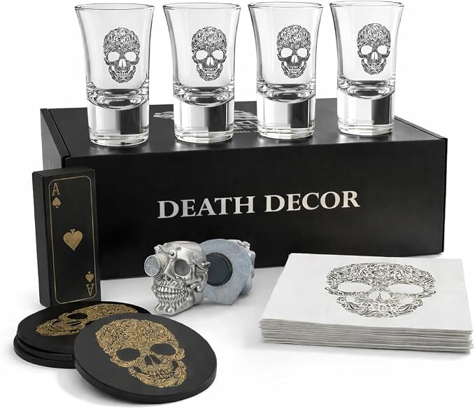 Gothic Shot Glass Gift Set, 4 Glasses, Cards, Coasters by Death Decor - skull coaster